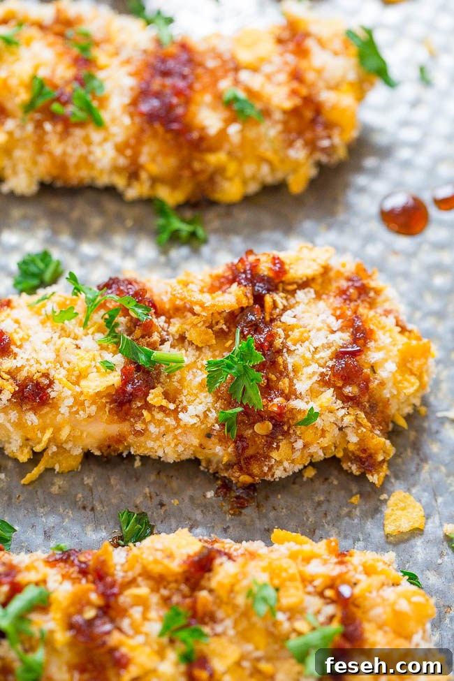 close up of Cornflake baked Chicken sprinkled with parsley