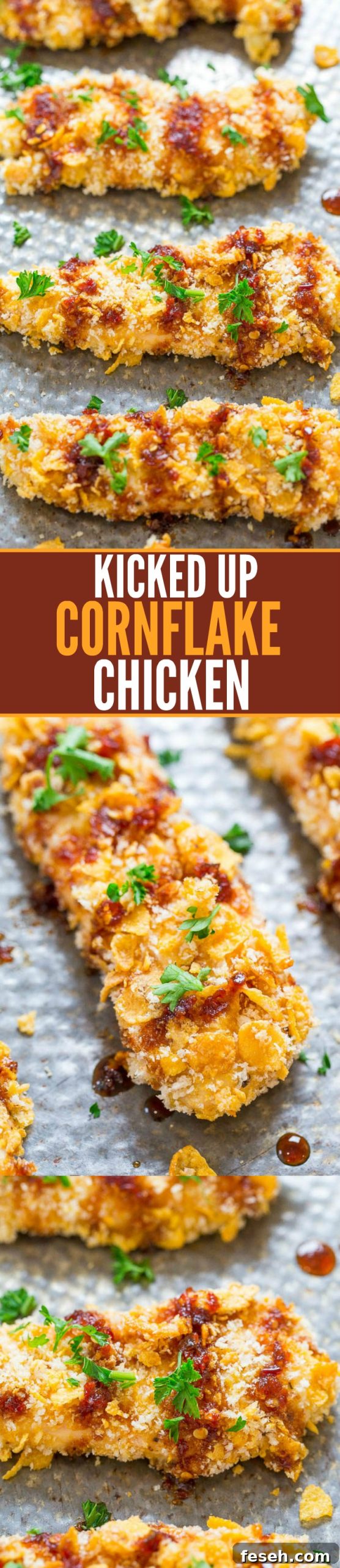 Two picture collage of Kicked Up Cornflake Chicken with graphic title