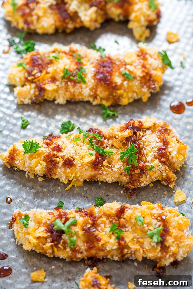 Golden-brown crispy breaded chicken tenders garnished with parsley on a metal surface.
