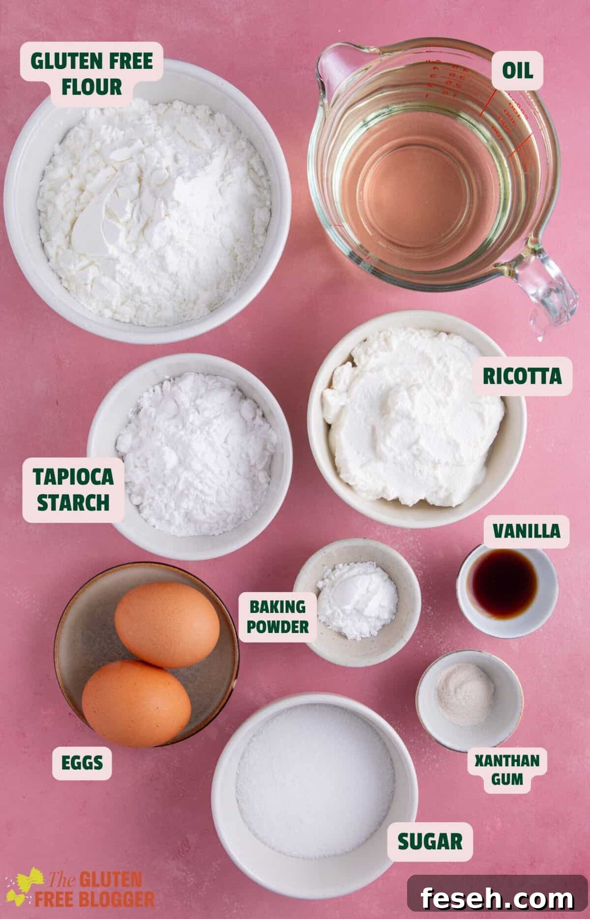 Ingredients for gluten free zeppole laid out with text labels.