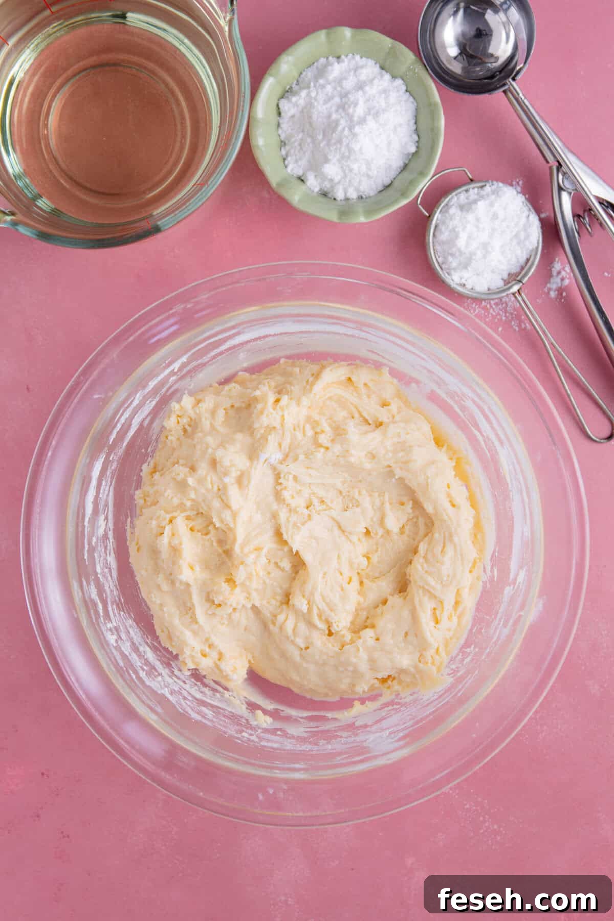 Process shot for gluten free zeppole showing the batter resting in the bowl.