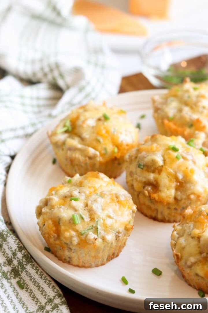 Sausage cheese muffins topped with sliced chives sitting on a white plate