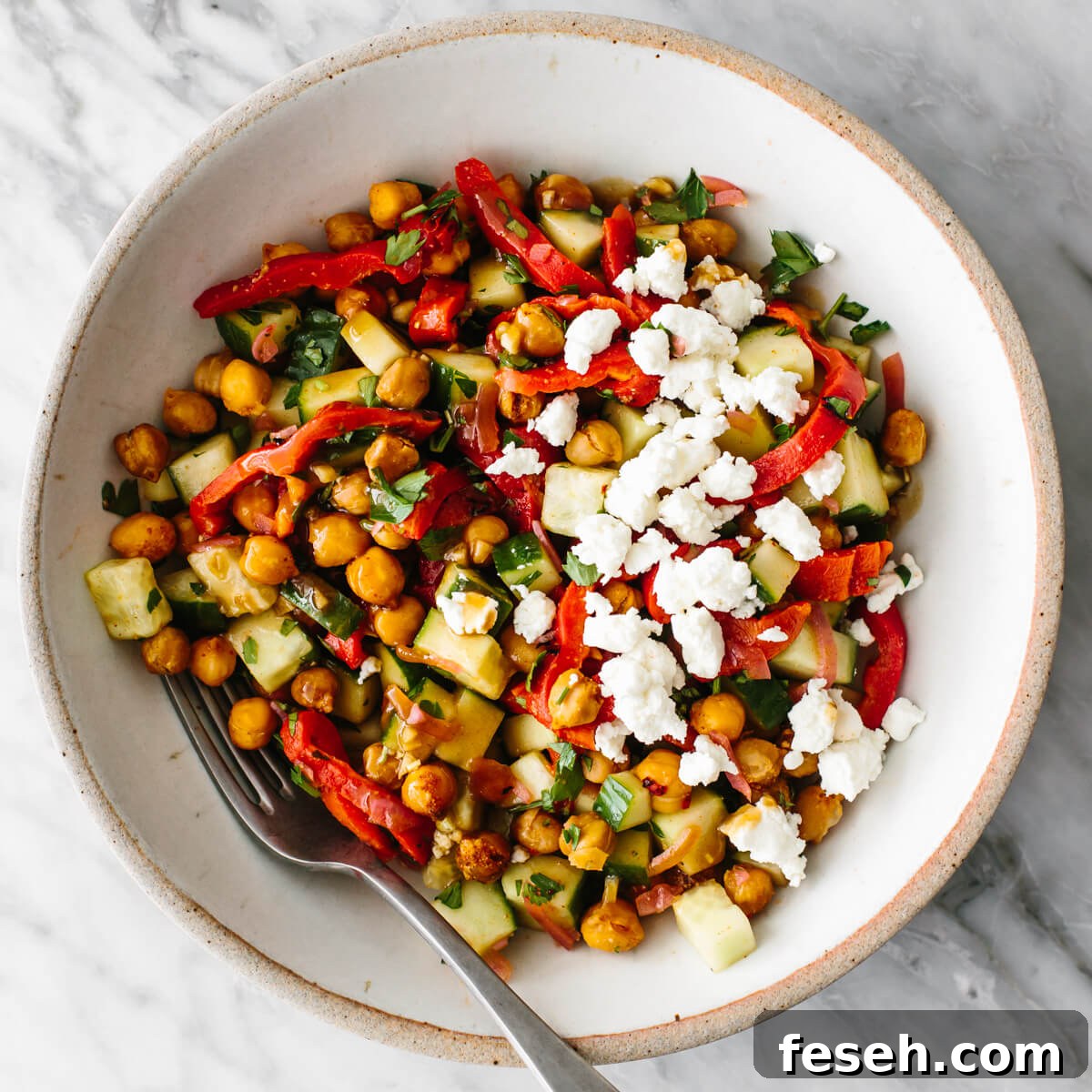 Chickpea salad in a bowl for budget meal prep