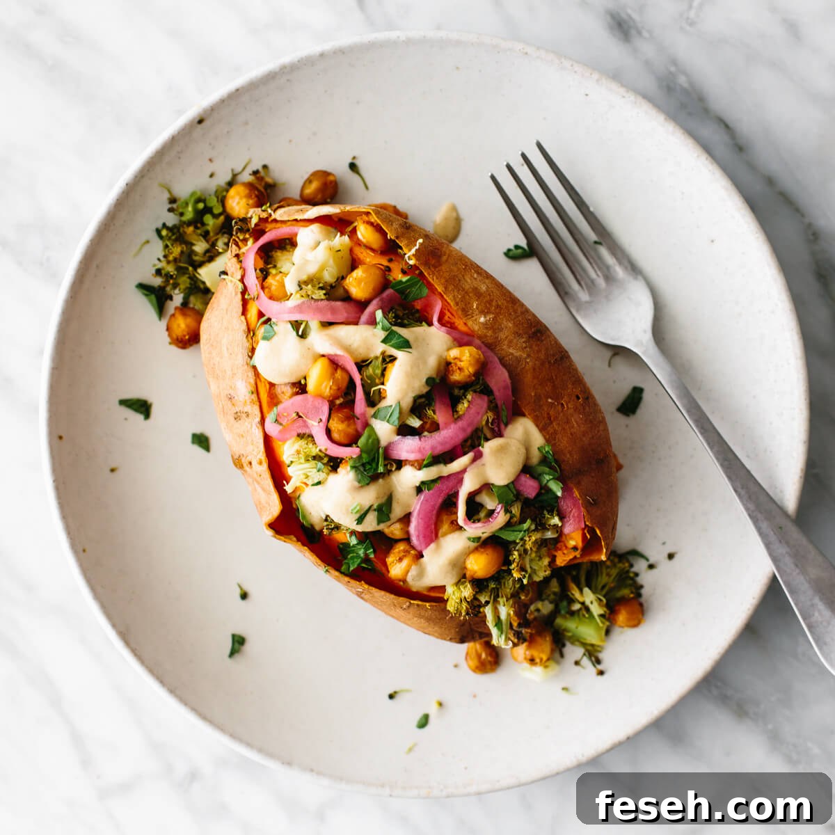 Chickpea stuffed sweet potato for budget meal prep
