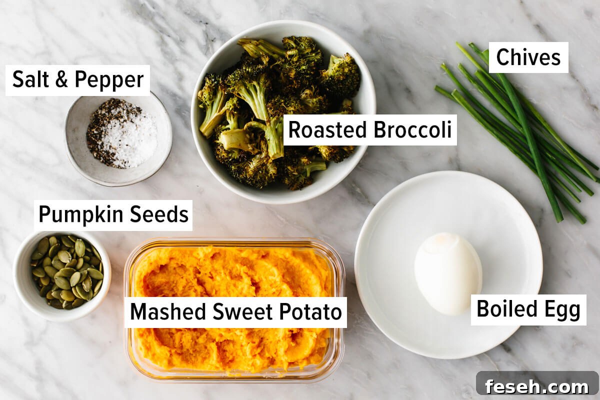 Ingredients for smashed sweet potato bowl for budget meal prep