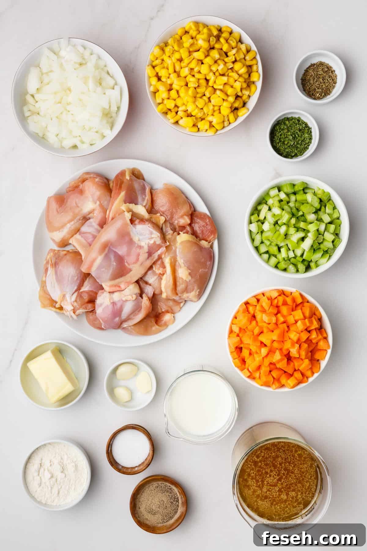 Ingredients to make chicken and dumplings.