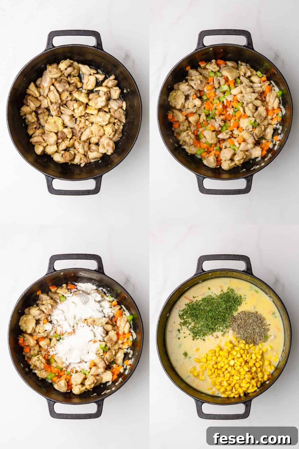 Steps to make the chicken stew for chicken and dumplings.
