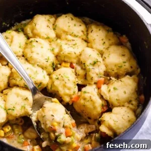 Easy chicken & dumplings in a pot being lifted with a spoon.