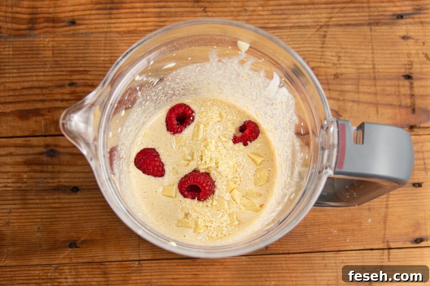 This is a picture of the blended oats with white chocolate and raspberries added.