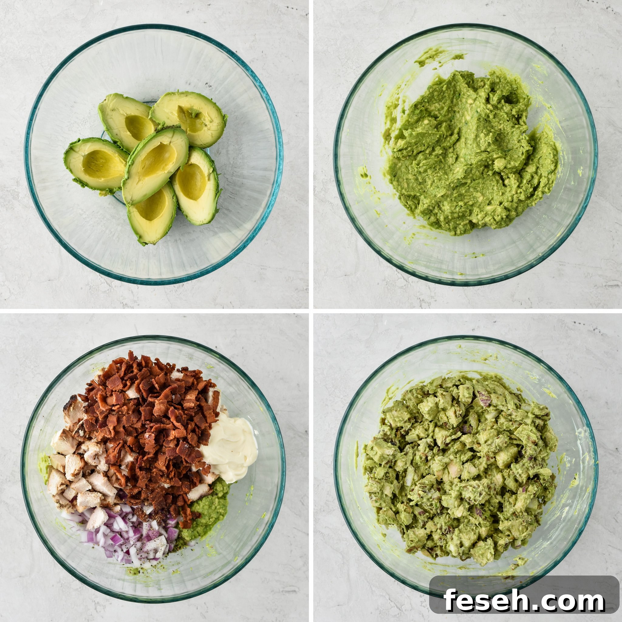How to make the chicken bacon avocado salad sandwich in a mixing bowl.