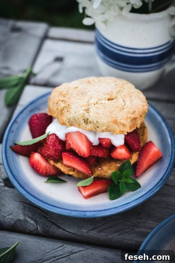 A homemade vegan shortcake with coconut whipped cream and strawberries on a white and blue plate on grey tiled surface