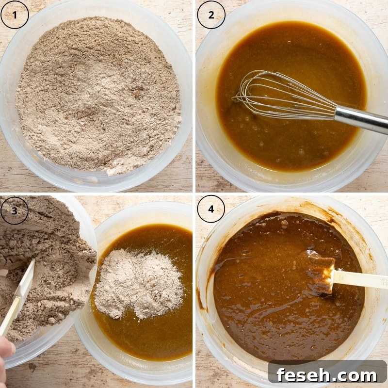 4 images of making a gingerbread loaf, a bowl of dry ingredients, a bowl of wet ingredients, the dry being added to the wet, then it all mixed.