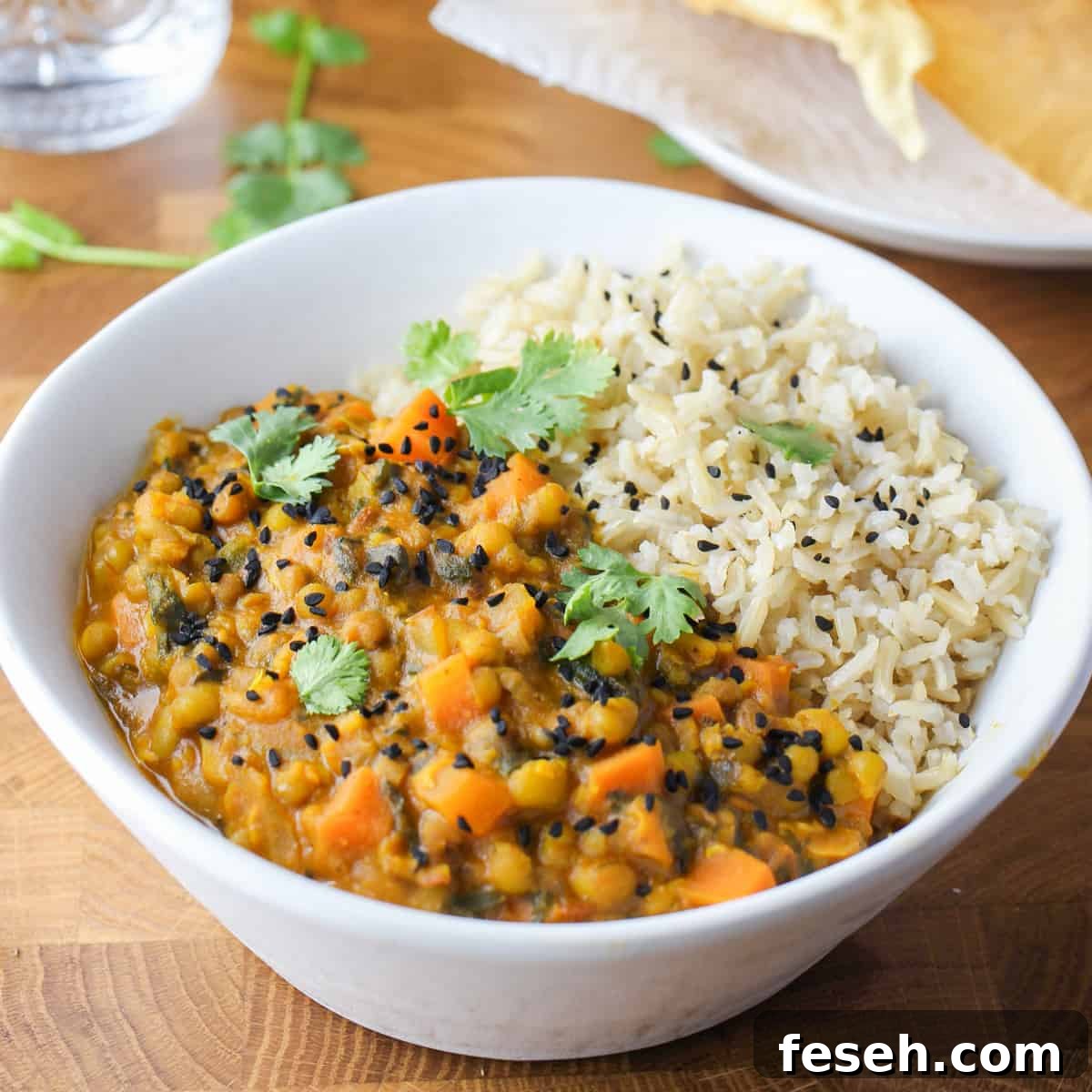 Photo showing a white bowl with Mung Bean Curry and brown rice.