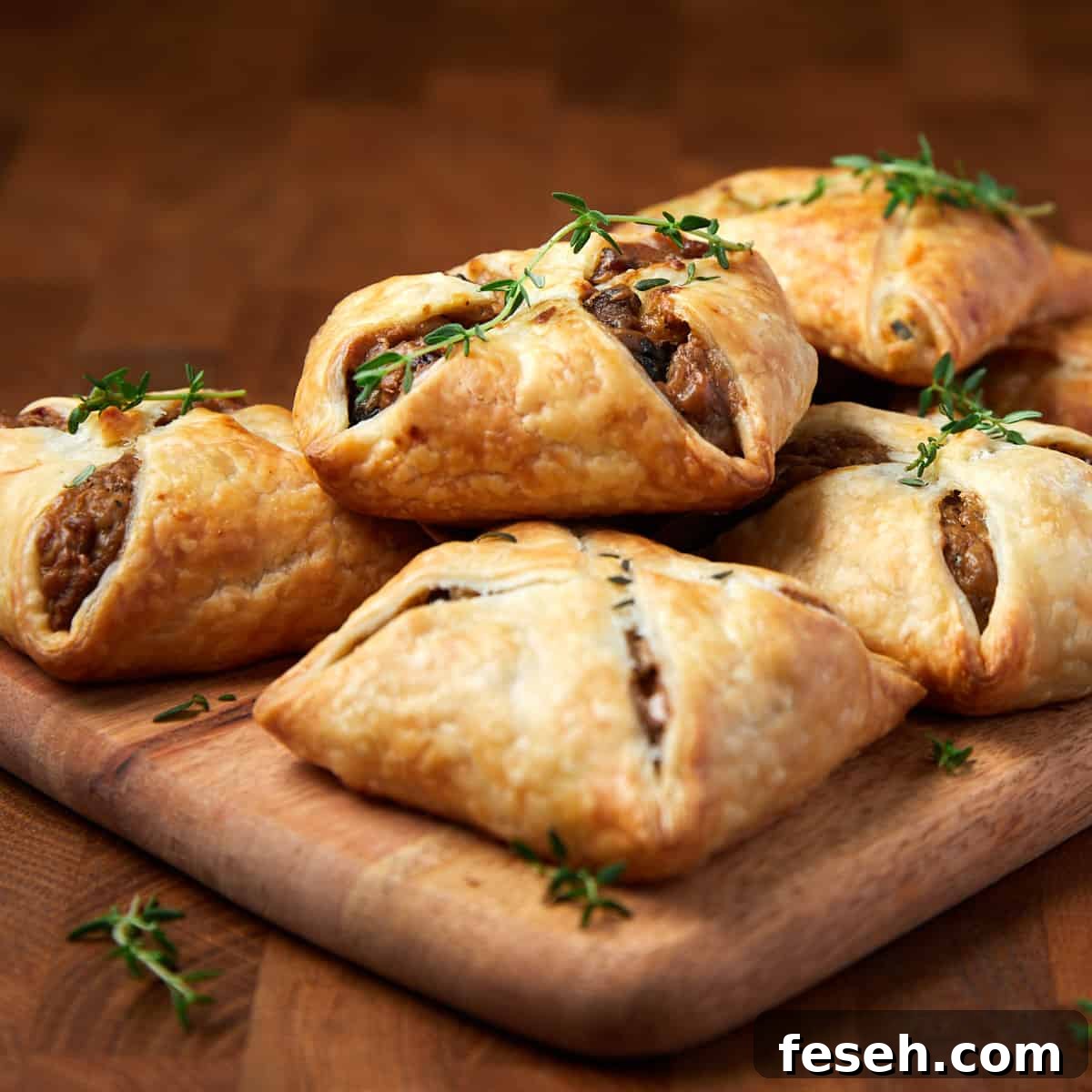 Photo of vegan wild mushroom feuilletees piled up on a wooden board.