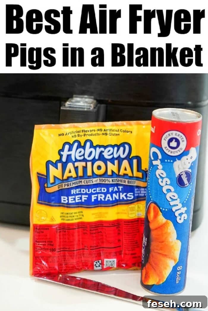 A package of Hebrew National beef franks and a can of Pillsbury crescent rolls sit in front of an air fryer, ready to make delicious air fryer pigs in a blanket.