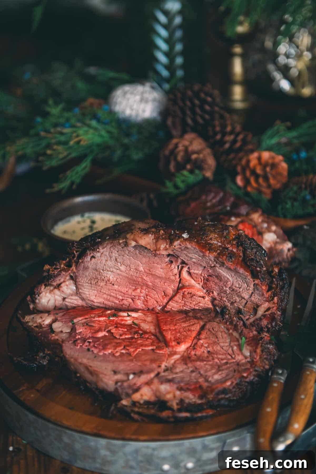 Perfect Grilled Prime Rib Recipe for Juicy, Flavorful Results 11 A prime rib thats been grilled and sliced on a wooden serving platter.