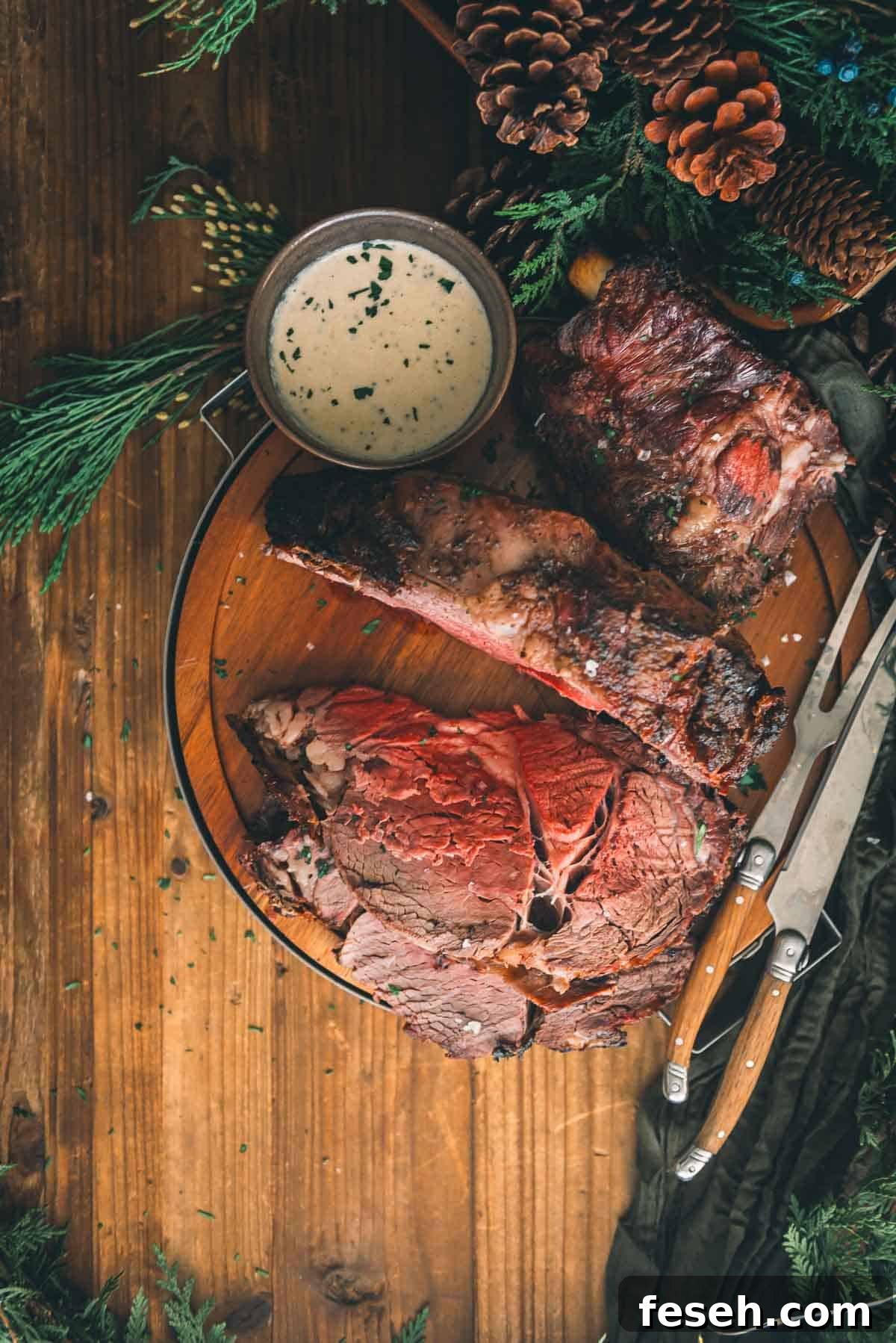 Perfect Grilled Prime Rib Recipe for Juicy, Flavorful Results 5 A serving tray with sliced grilled prime rib and horseradish sauce on a rustic table.