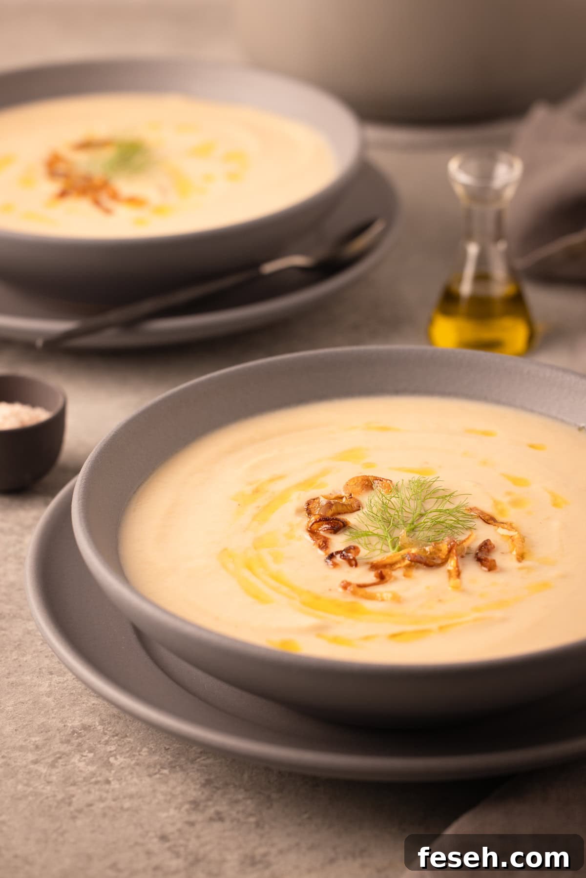A gray bowl off creamy pale fennel soup with fennel fronds and olive oil.