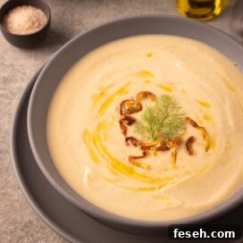 A gray bowl of fennel and white bean soup with olive oil and fried shallots.