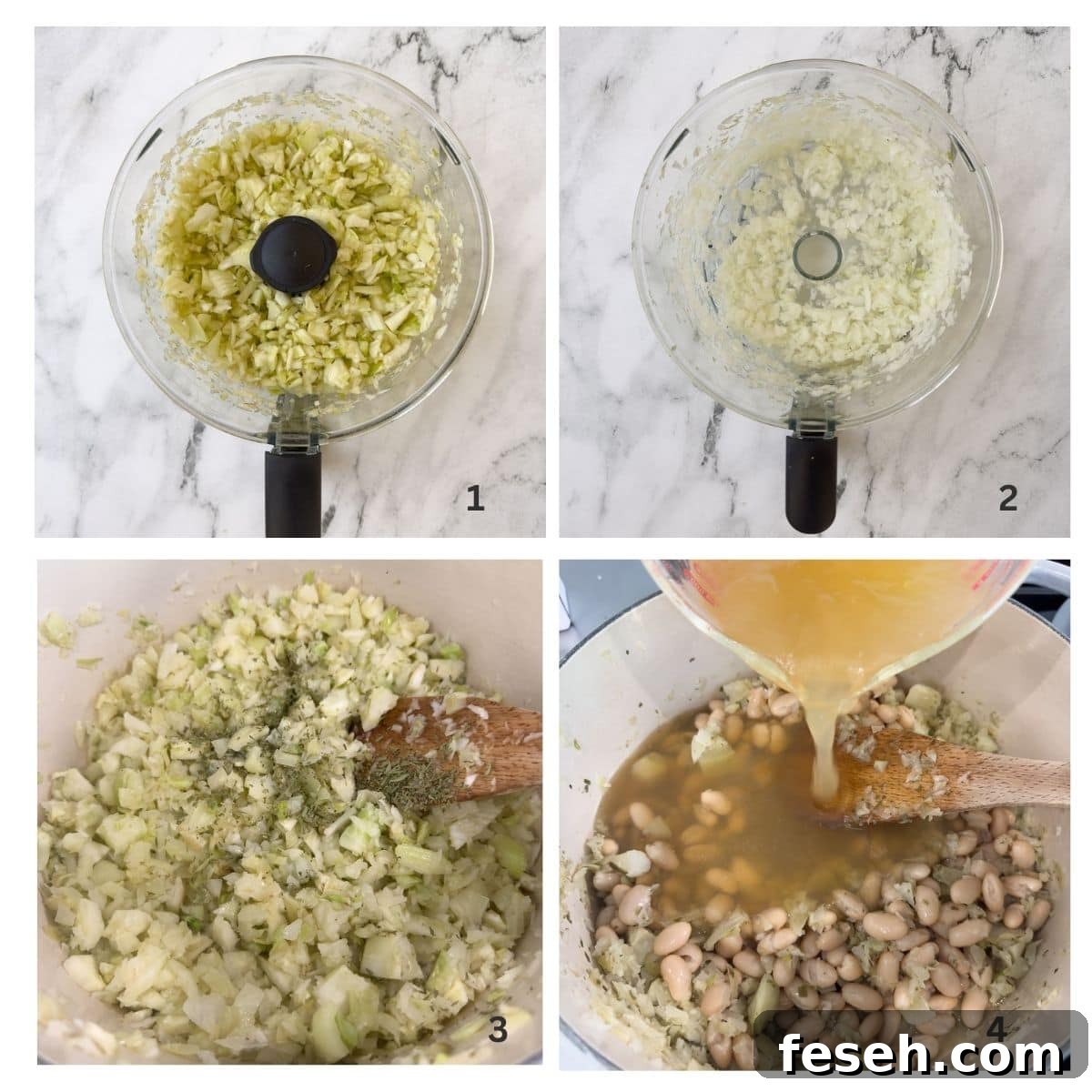 Four steps showing steps for fennel soup, chopping vegetables, sauteing, simmering.