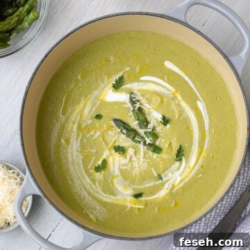 Pot of cream of asparagus soup ready to serve.