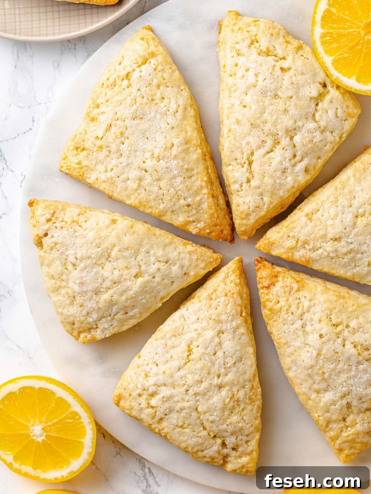 Lemon scones served on white plate showing golden tops and rustic triangular shapes.