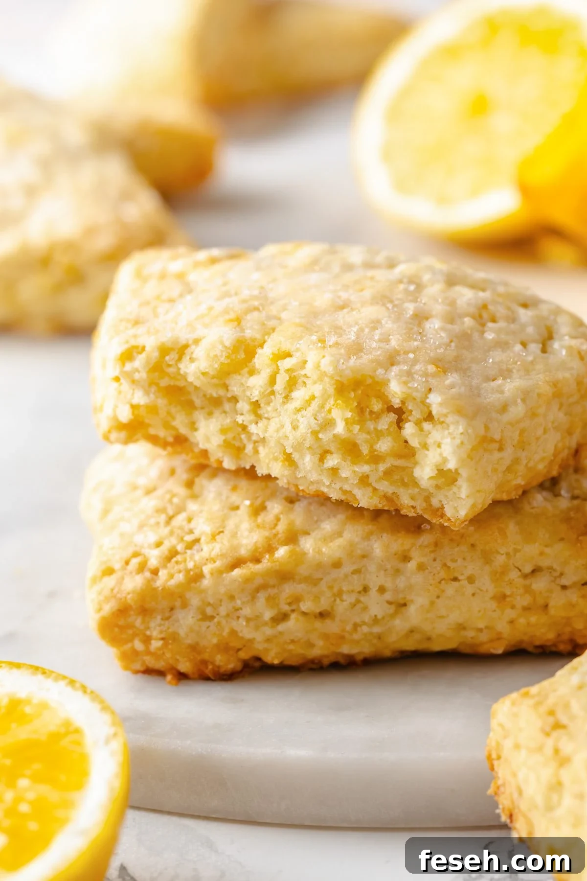 Interior of lemon scone showing soft, tender crumb with slightly dense and buttery texture.