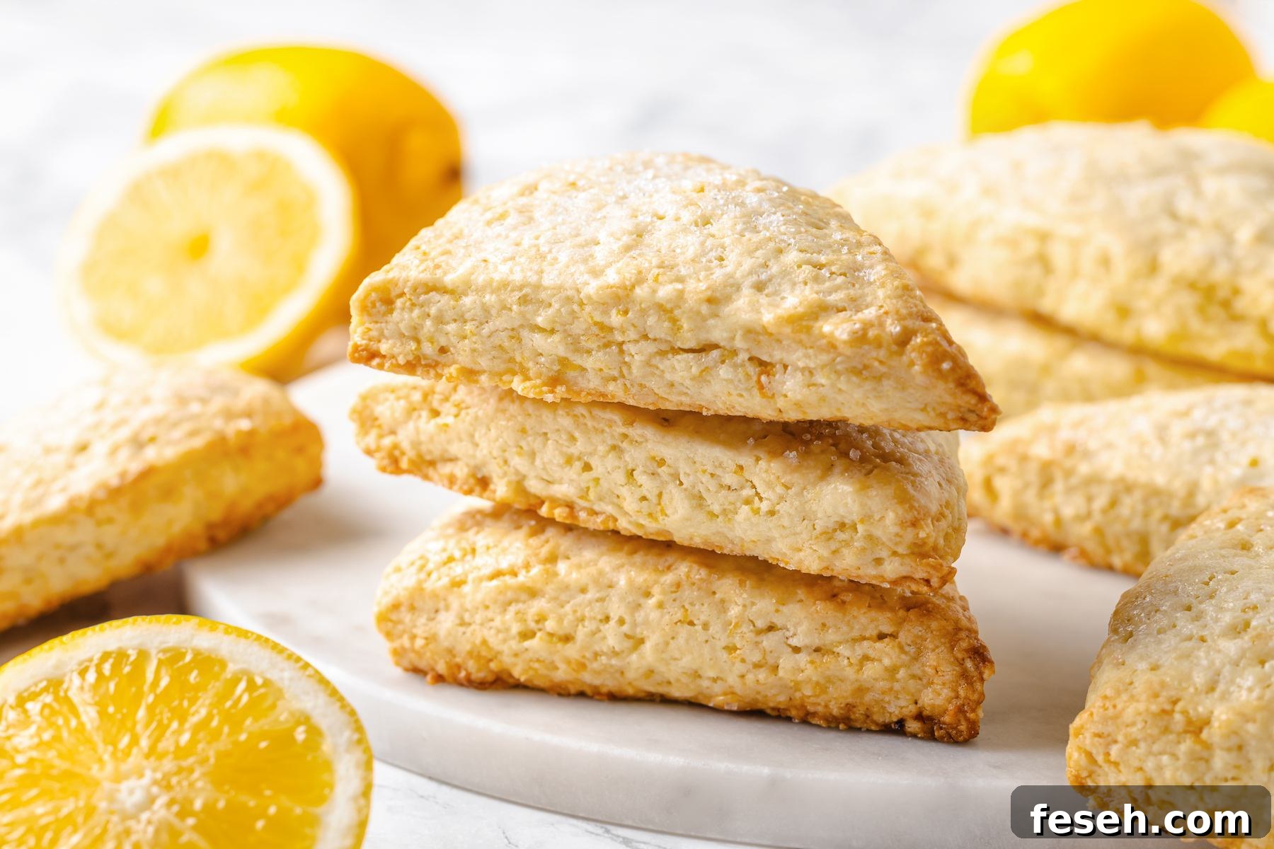 Fresh lemons alongside baked lemon scones highlighting citrus ingredients used for bright flavor.