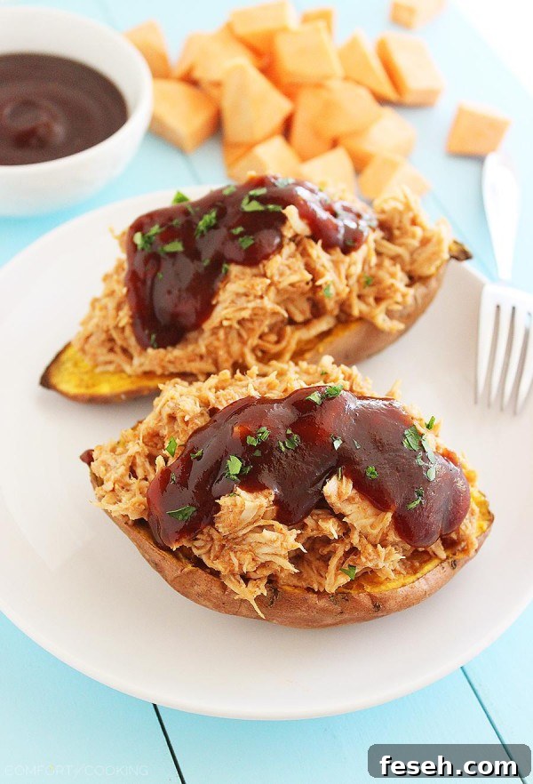 3-Ingredient BBQ Chicken Stuffed Sweet Potatoes – Tender sweet potatoes stuffed with shredded BBQ chicken make the most mouthwatering meal! Just 3 ingredients and 30 minutes.