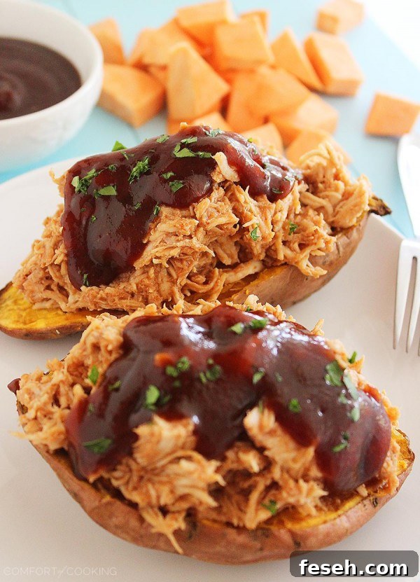 3-Ingredient BBQ Chicken Stuffed Sweet Potatoes – Tender sweet potatoes stuffed with shredded BBQ chicken make the most mouthwatering meal! Just 3 ingredients and 30 minutes.