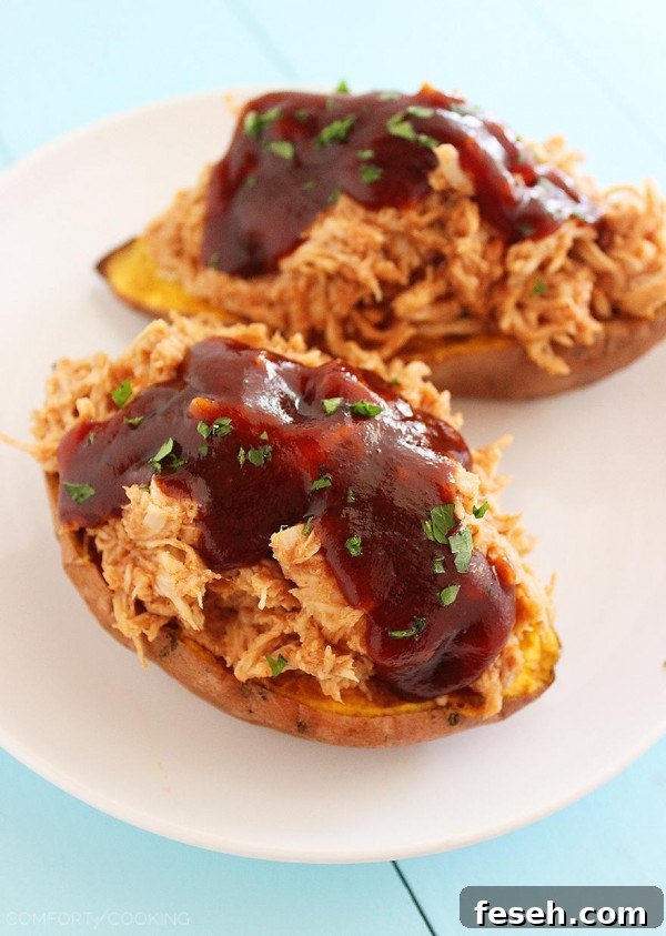3-Ingredient BBQ Chicken Stuffed Sweet Potatoes – Tender sweet potatoes stuffed with shredded BBQ chicken make the most mouthwatering meal! Just 3 ingredients and 30 minutes.