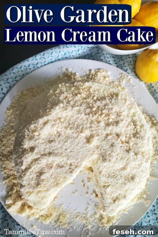 Olive Garden Lemon Cream Cake text over a white plate with cake with a slice cut out of it and a bowl of lemons