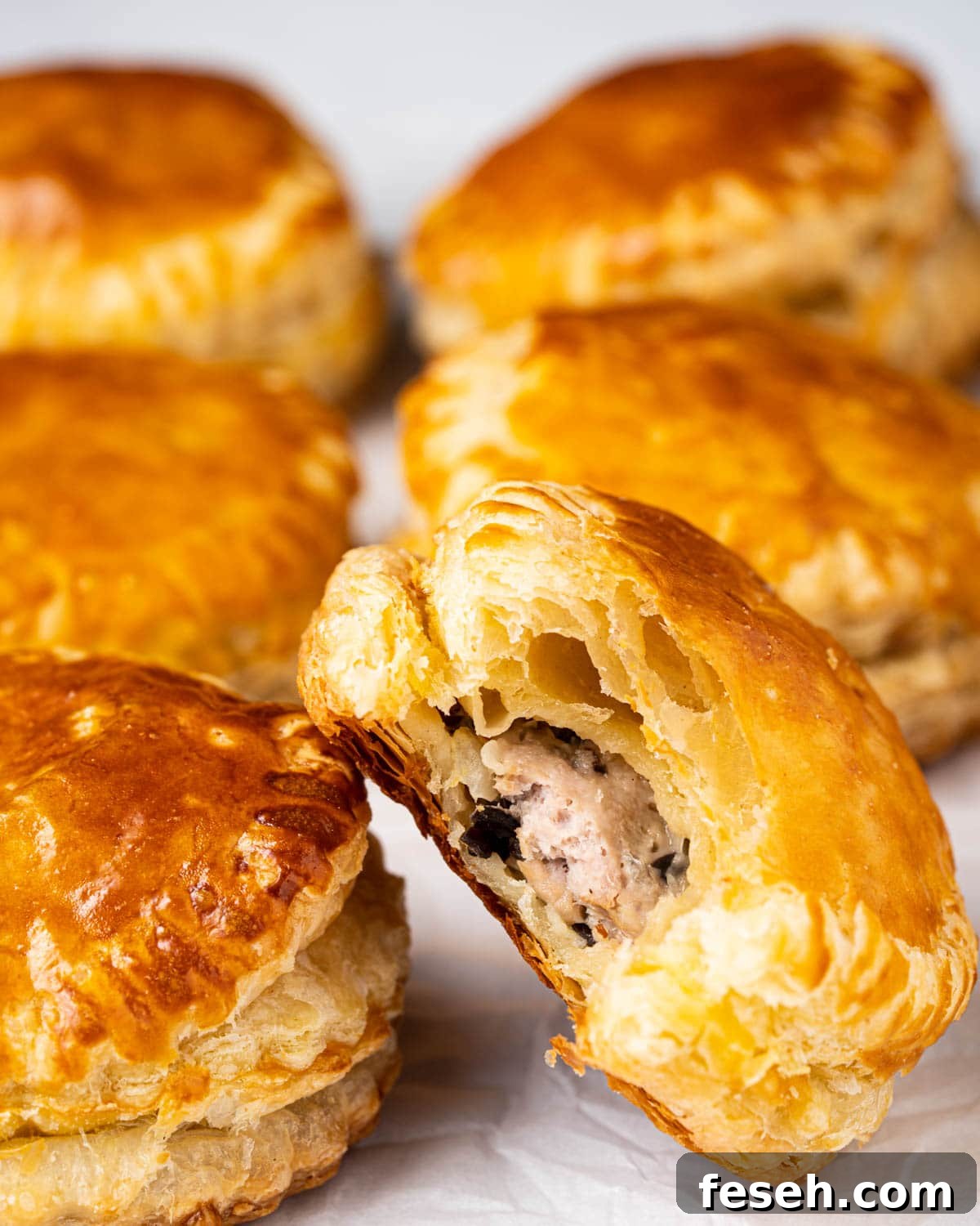 Bitten pate chaud to show layers and meat on the inside.