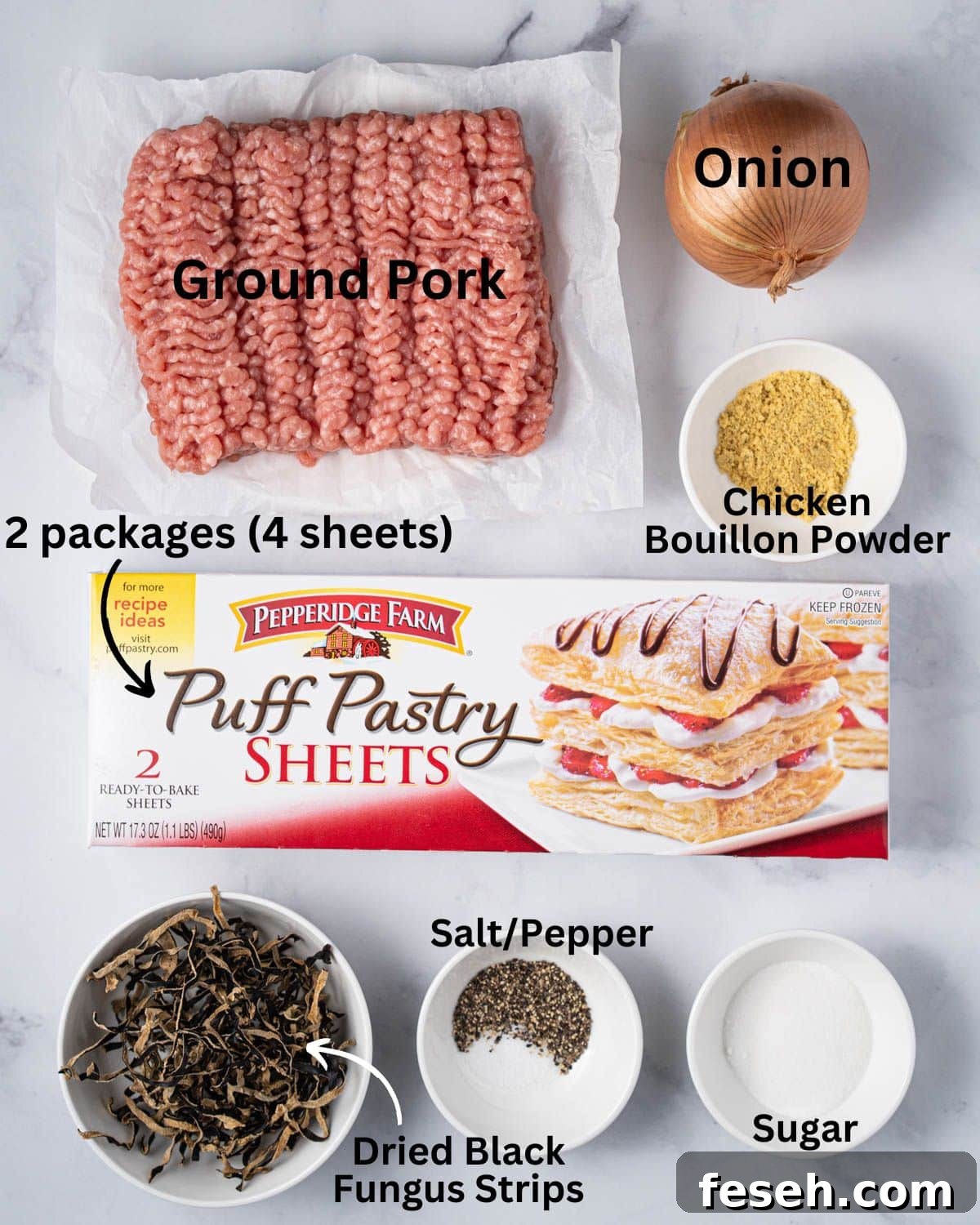 Ingredients needed for Pate Chaud: ground pork, onion, chicken bouillon powder, sugar, salt, ground pepper, and dried black fungus strips.
