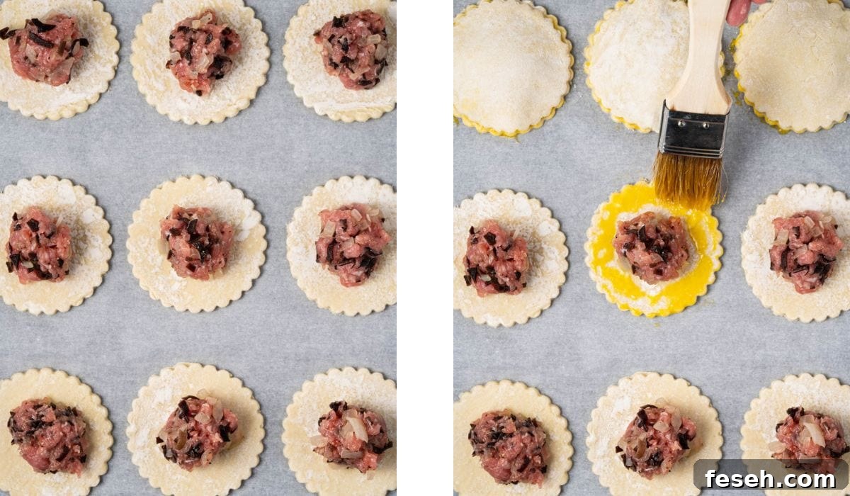 Add a small ball of meat mixture onto the puff pastry, brush the rims with egg wash, and close it with another puff pastry.