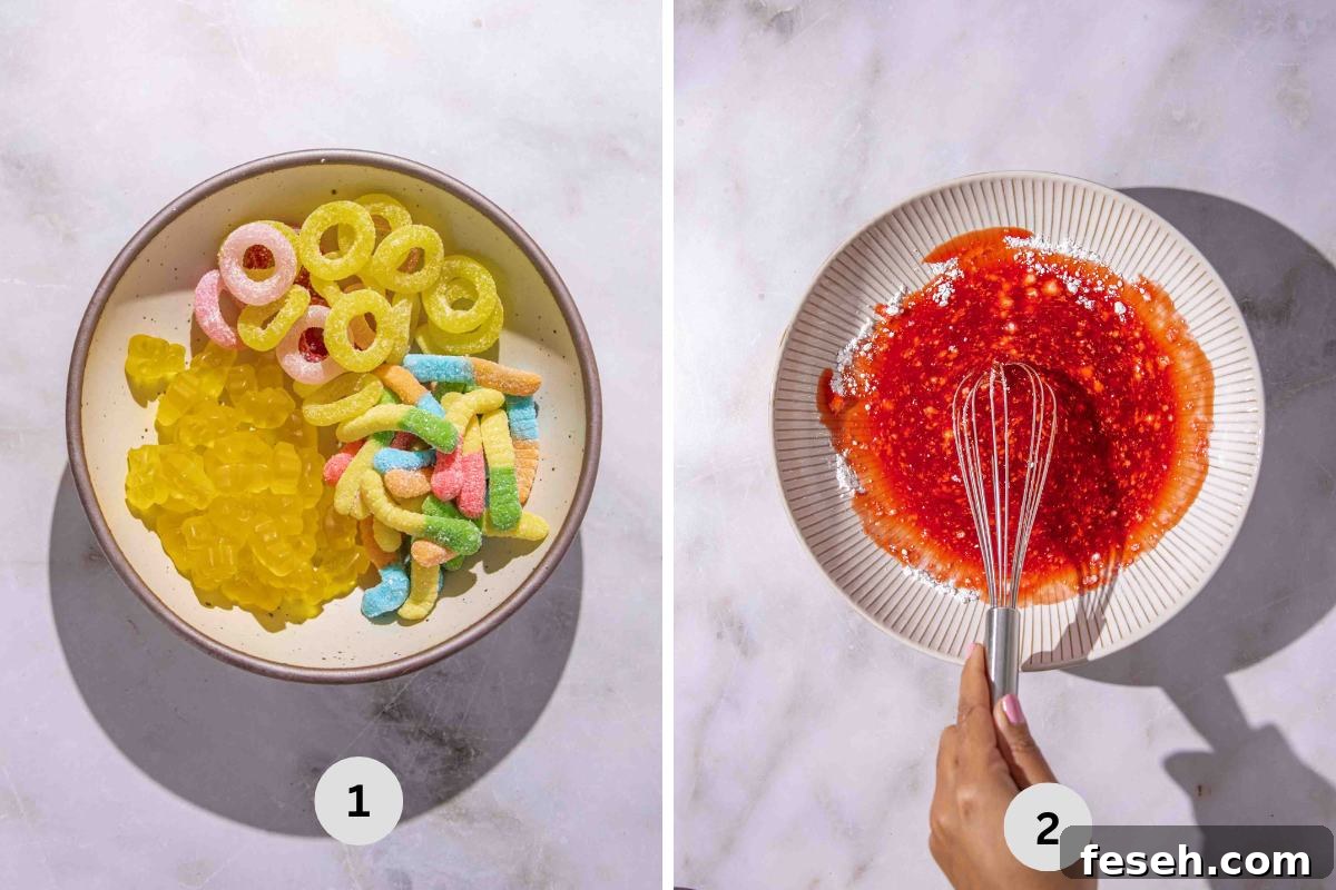 Gummy worm, ring and sour patches in a bowl on one side and chamoy sauce with powdered sugar getting stirred in another bowl.