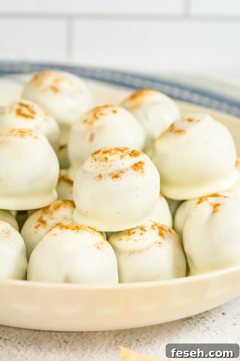 Close up image of pumpkin spice cake pops in a white bowl.