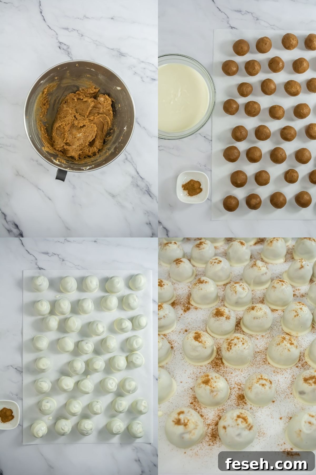 Step by step images for how to make pumpkin cake balls.