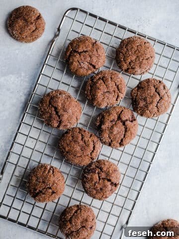 Chocolate cookies on a wire rack.