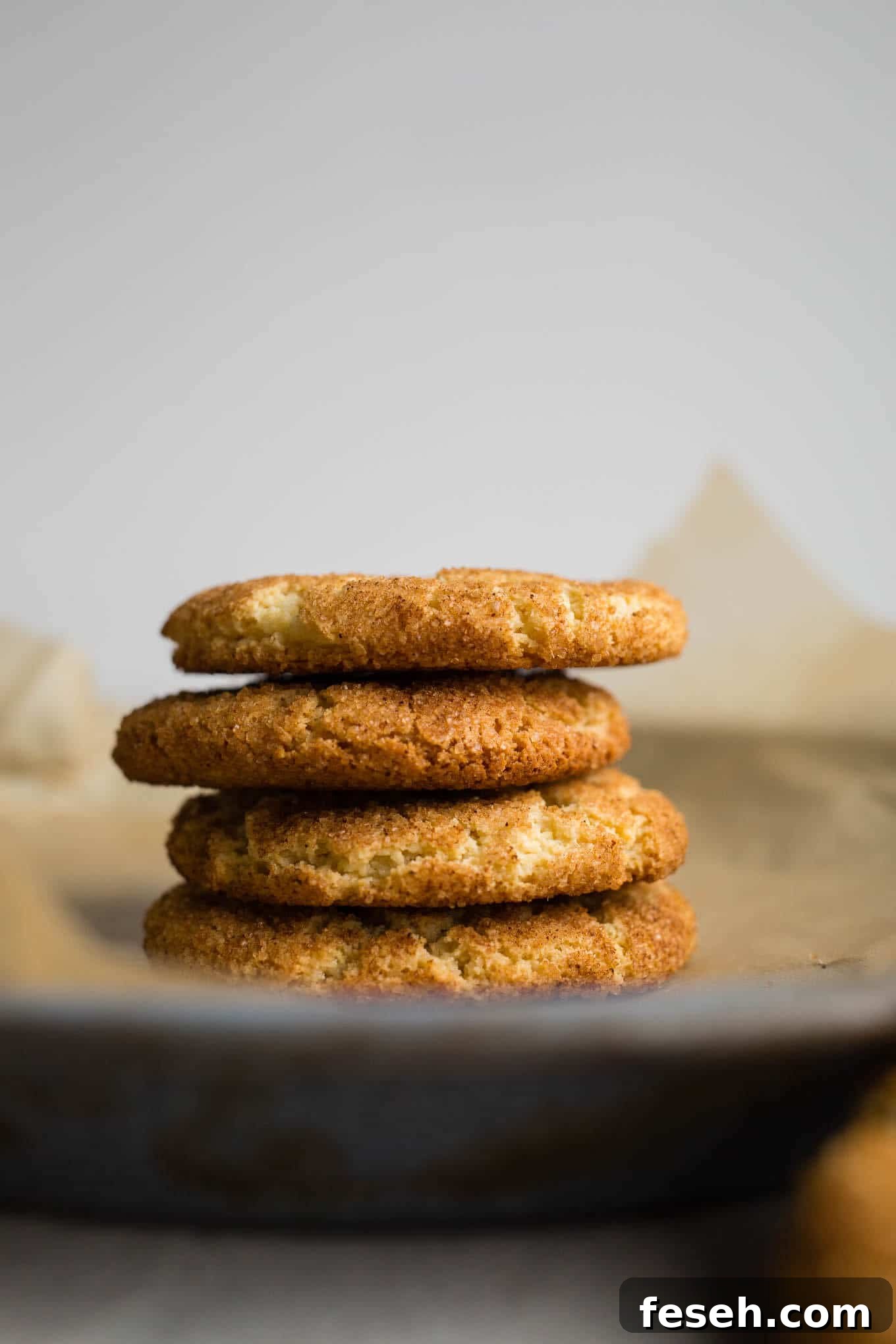 Snickerdoodle cookies stacked on a blue tray.