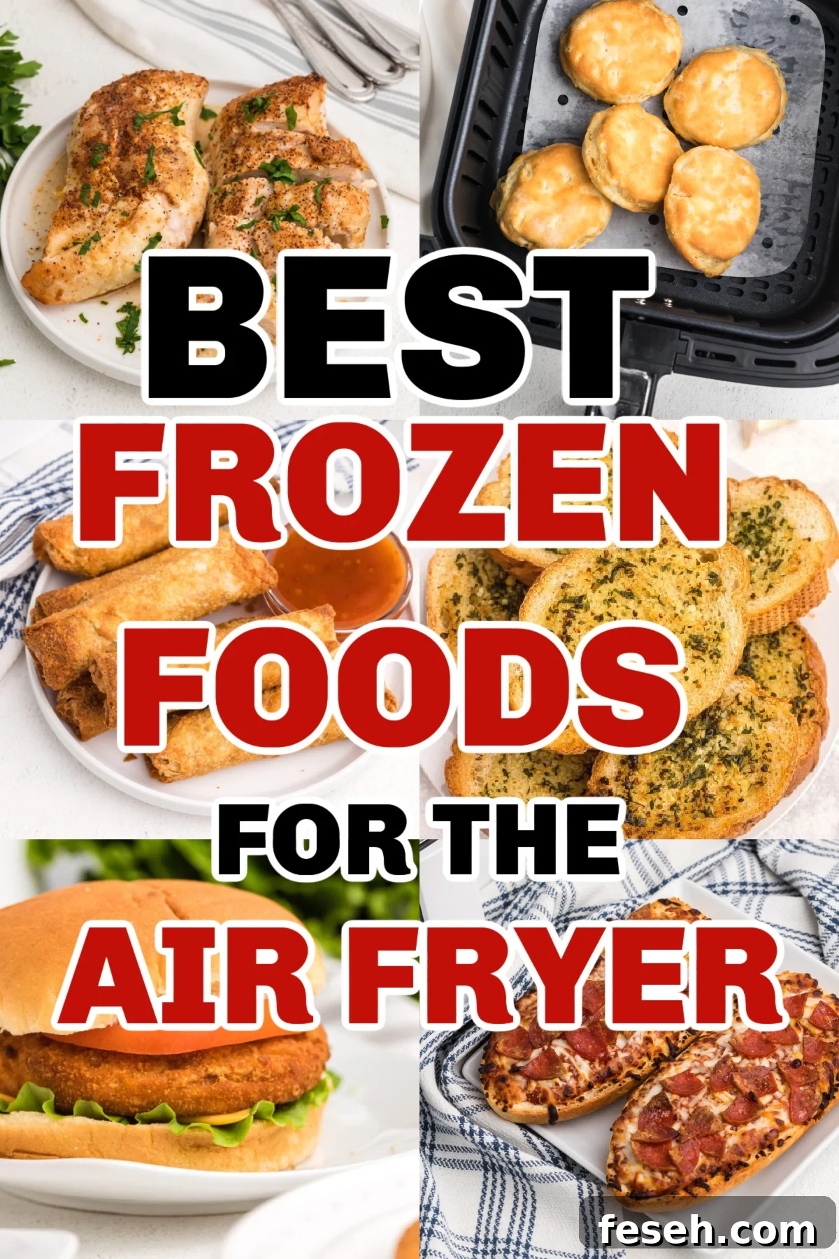 Collage of photos of some of the best frozen foods for air fryer cooking. Pinnable image.