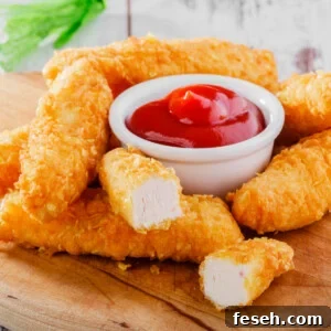 Chicken tenders on a brown cutting board with a small bowl of ketchup