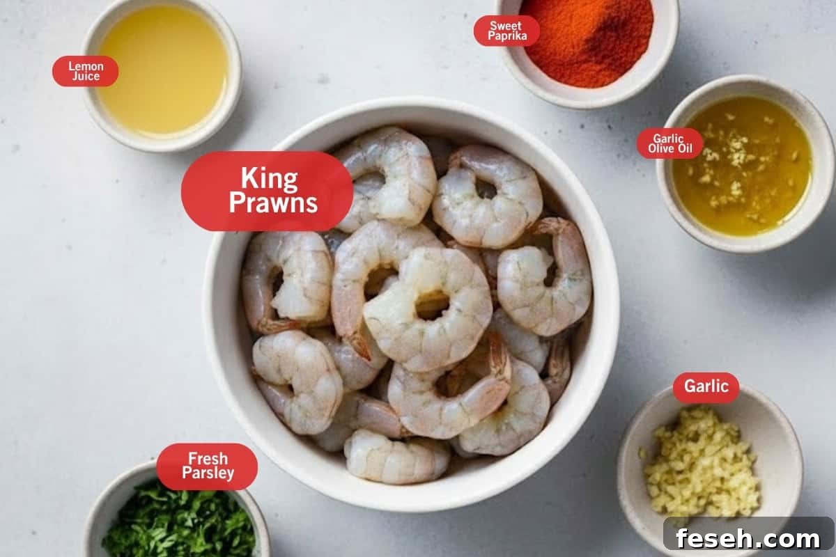 Flat lay photo of ingredient shot of lemon juice,  Sweet paprika, garlic olive oil. king prawns, fresh parsley, garlic 
