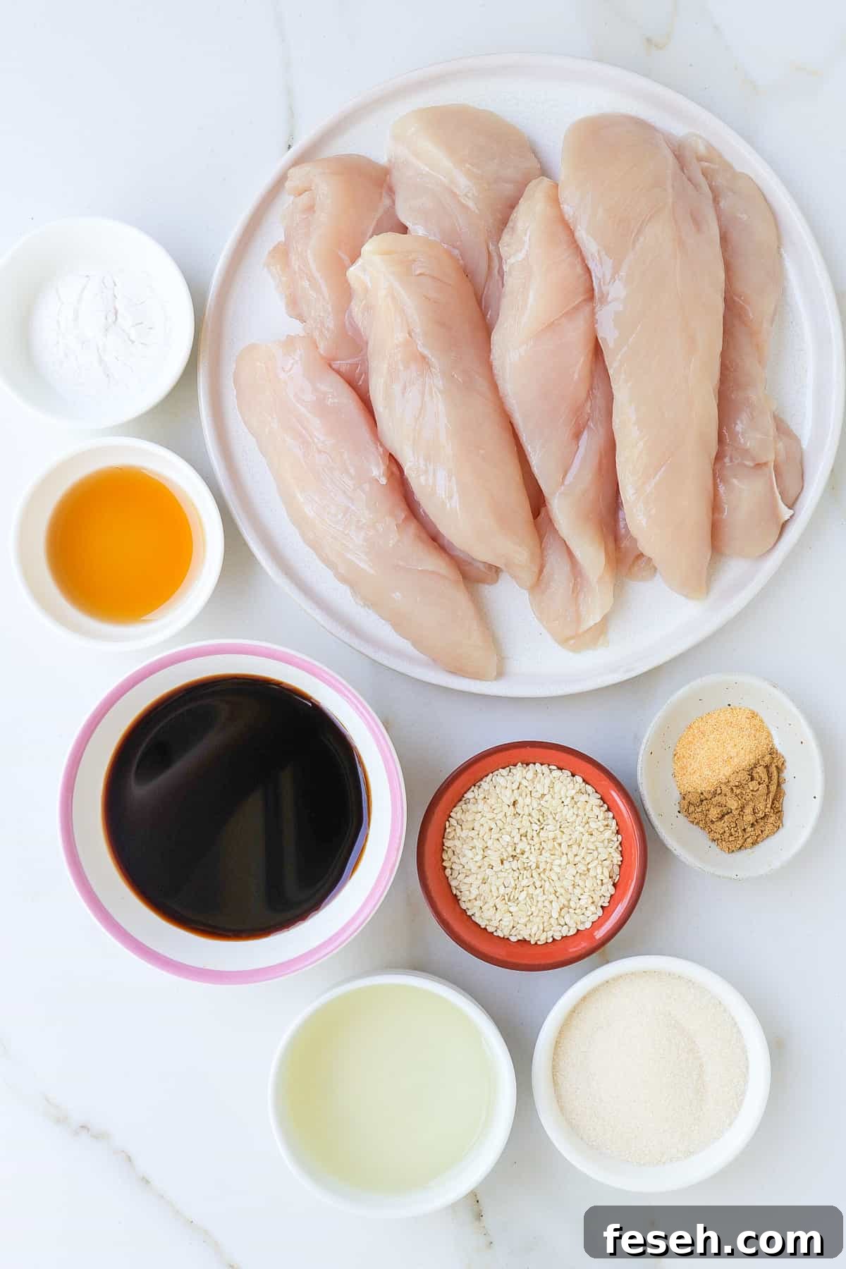 Ingredients shown to make teriyaki chicken.
