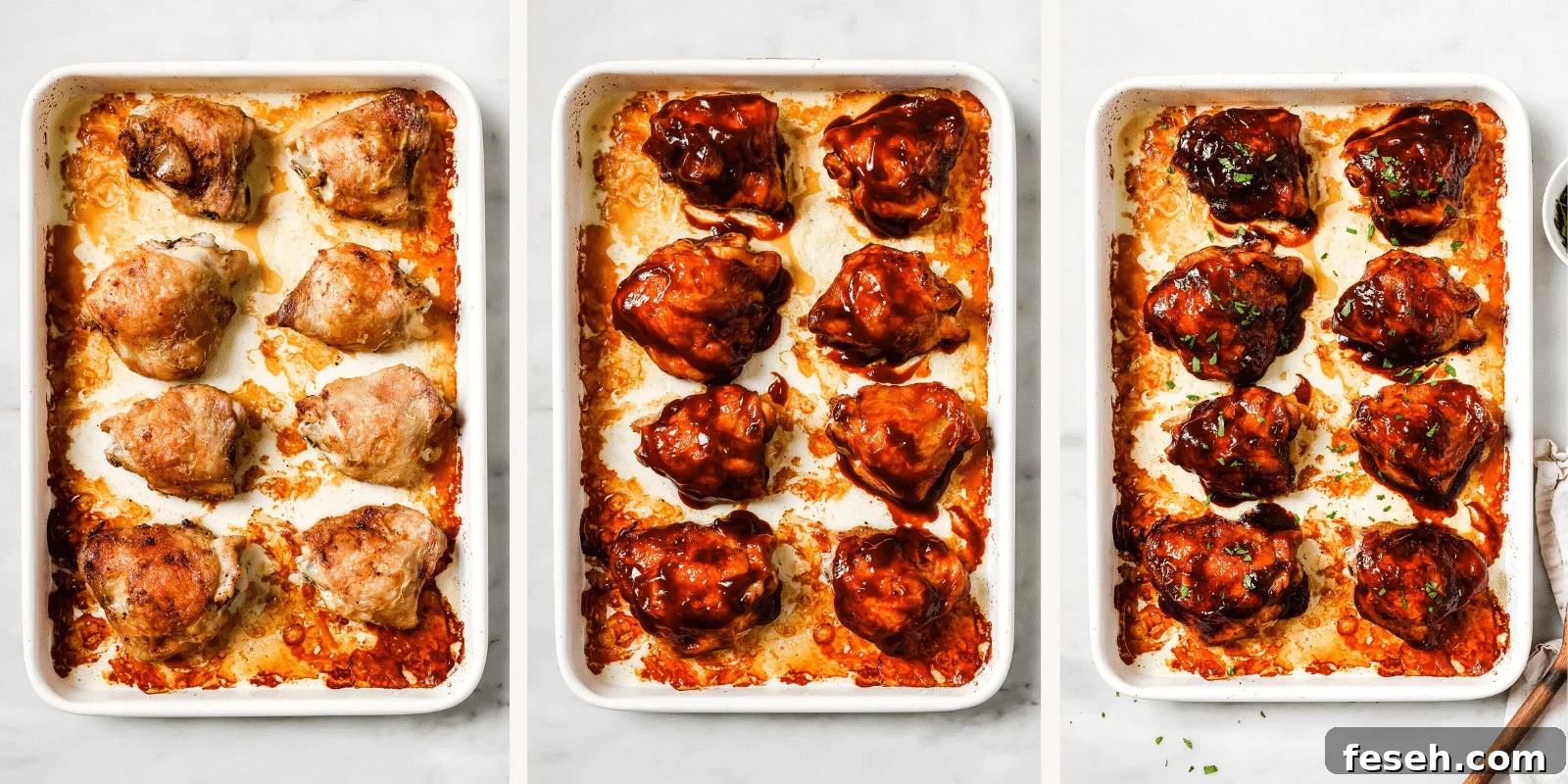 Seasoned chicken thighs smothered in BBQ sauce on a baking sheet.