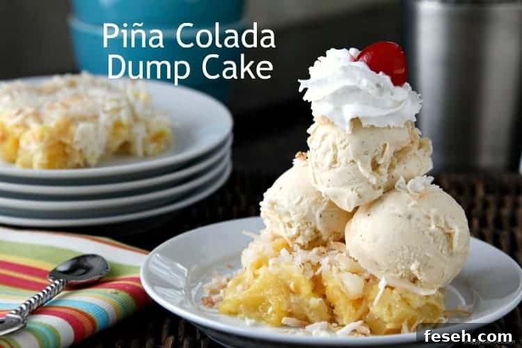 Piña Colada Dump Cake Recipe - pineapple dump cake recipe with cake mix, pineapple, coconut, and rum. SnappyGourmet.com