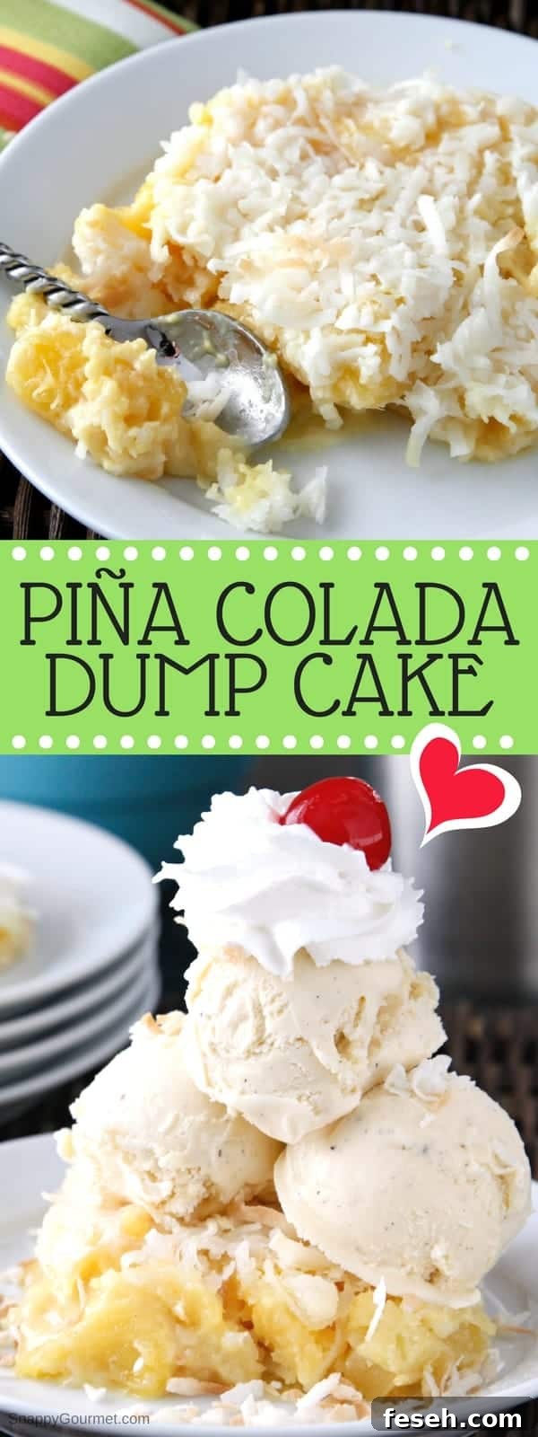 Pina Colada Dump Cake - easy dump cake recipe with pineapple, coconut, and rum. SnappyGourmet.com