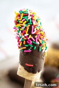 Chocolate Peanut Butter Banana Smoothie Recipe for Creamy Energy 9 Chocolate frozen banana on a stick with sprinkles.