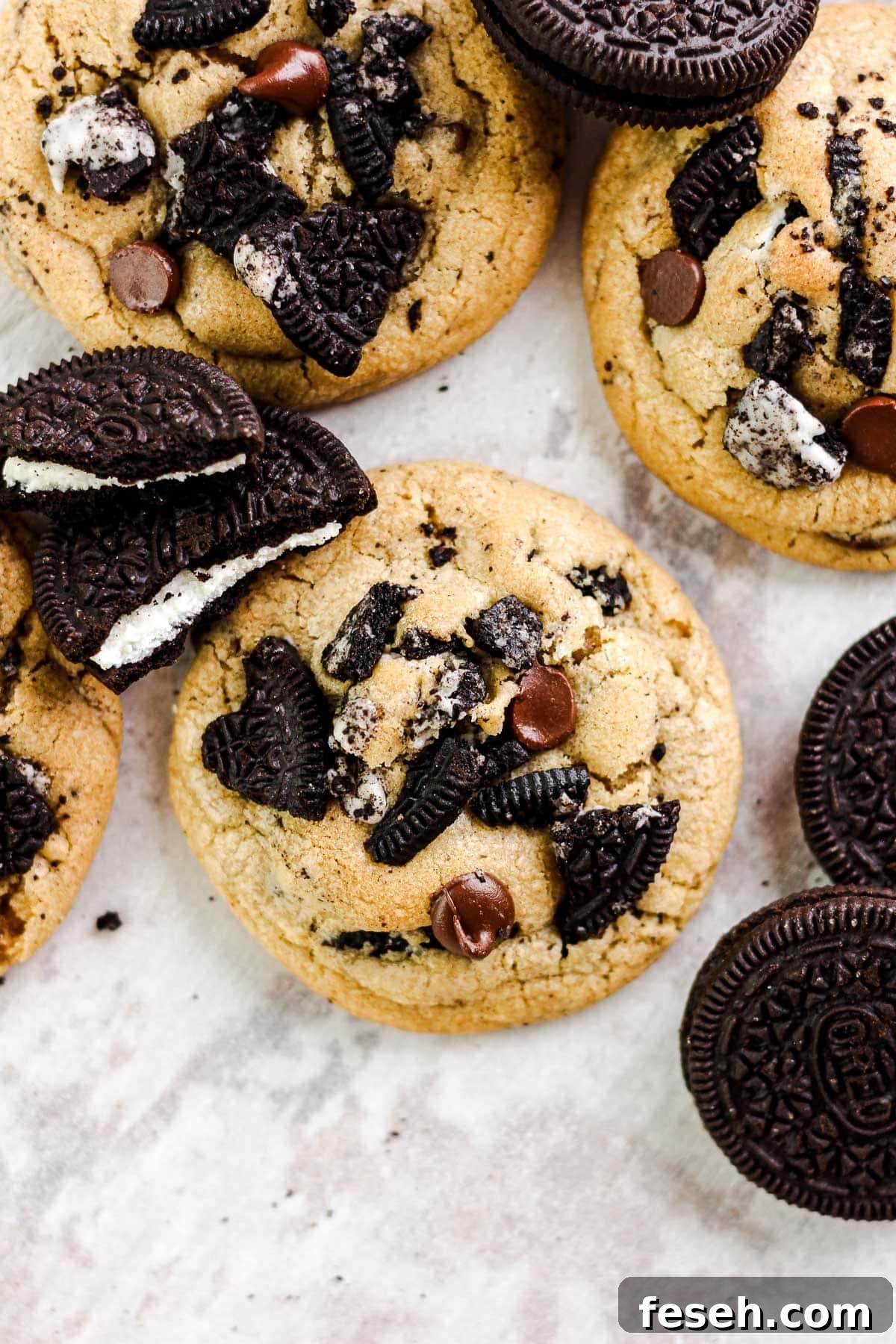Oreo chocolate chip cookies on a cooling rack