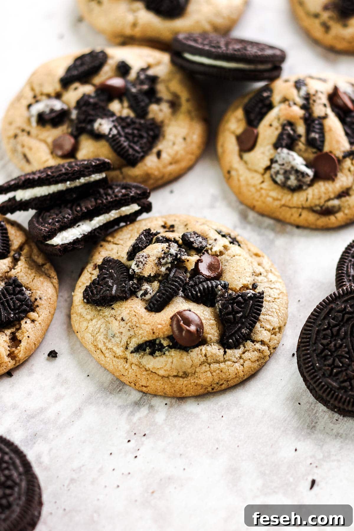 Close-up of cookie with Oreo pieces